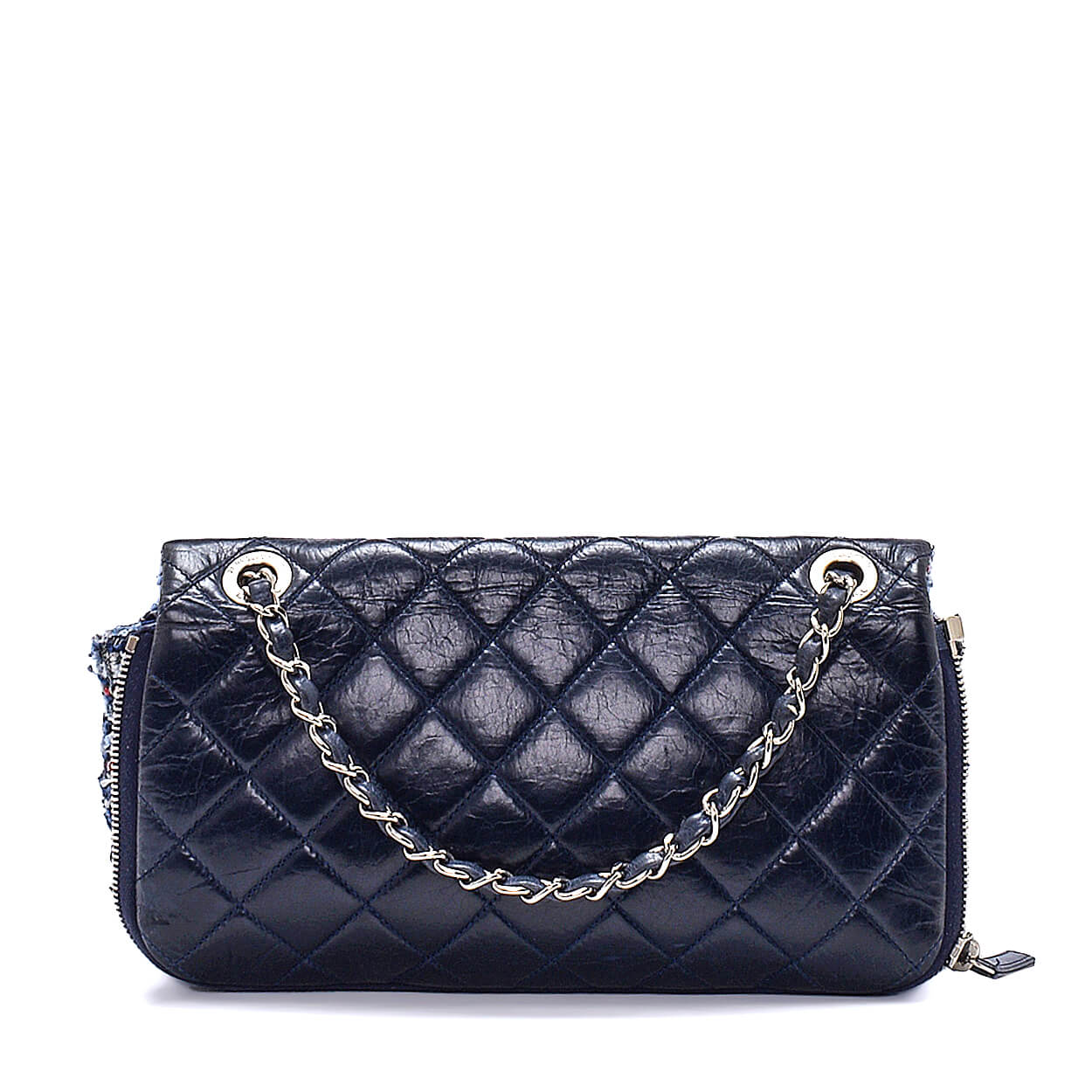 Chanel - Navy Blue Quilted Leather & Tweed Classic Single Flap Bag